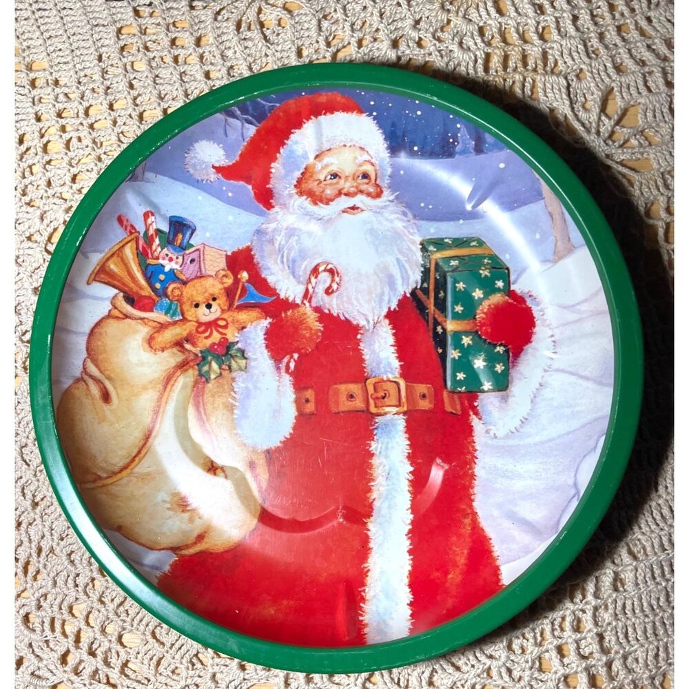 Vintage Metal Santa Claus Holiday Tray 10” With Green Rim For Christmas Decor &